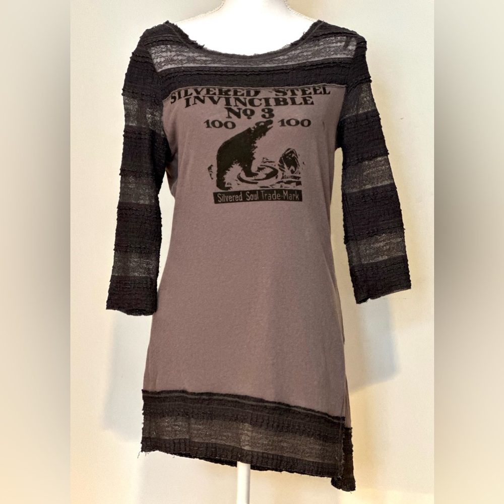 We The Free black & gray, stretchy cotton poly mini-dress, lace sleeves & hem